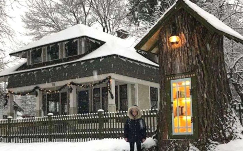 Woman Turns A 110-Year-Old Dead Tree Into A Free Library For Her Neighborhood